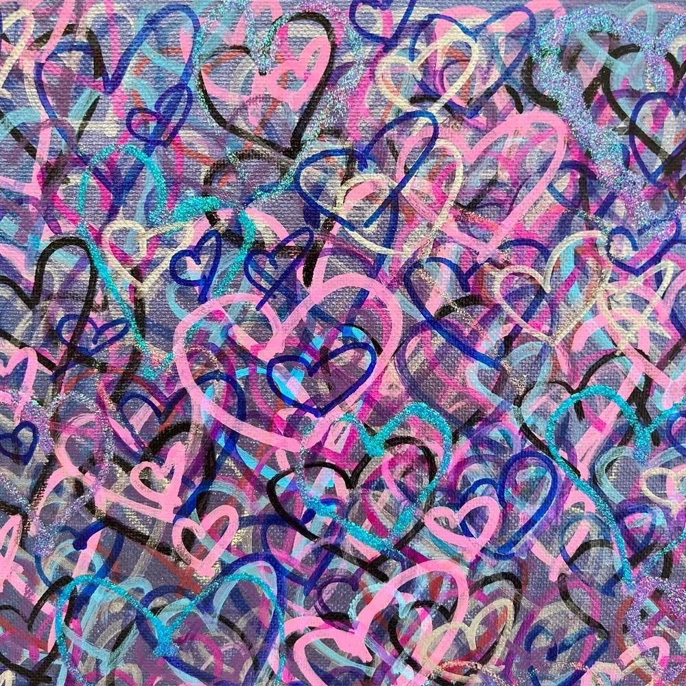 HANDCRAFTED MIXED MEDIA COLORFUL GRAFFITI HEARTS - SHADES OF PURPLE, BLUE & PINK